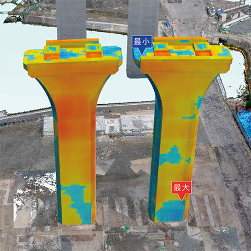 設計図と実際に施工された橋脚との差分。設計との差異を色分けで表示。
